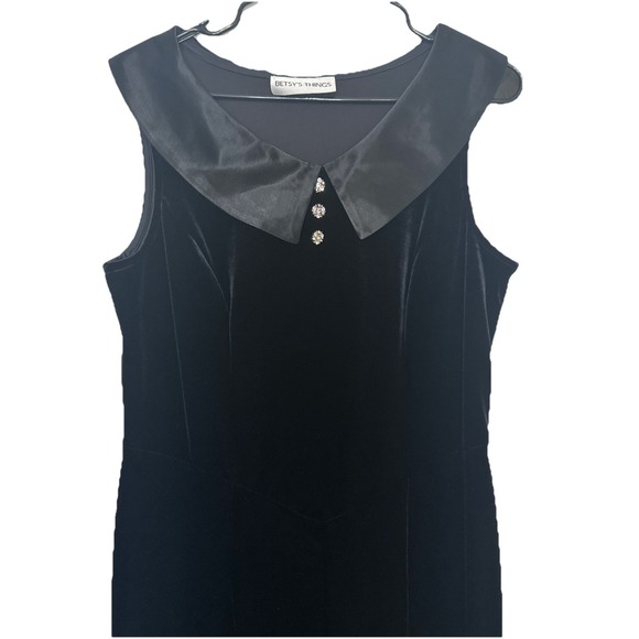 Vintage 90s Betsy's Things Velvet Black Dress L w/ Satin Collar 3 Button  Bling